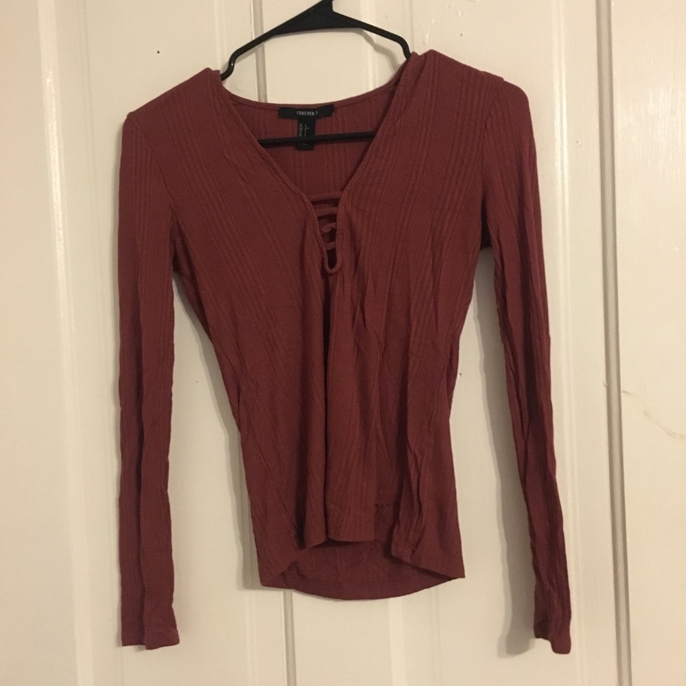 FOREVER 21 BURNT ORANGE RIBBED FITTED LONG SLEEVE